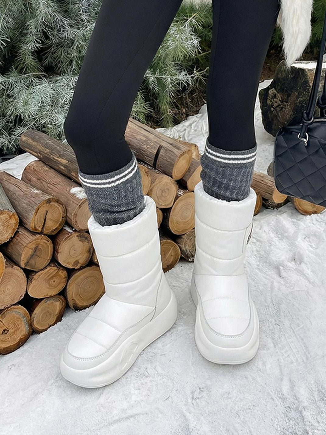White Padded Mid-Calf Snow Boots