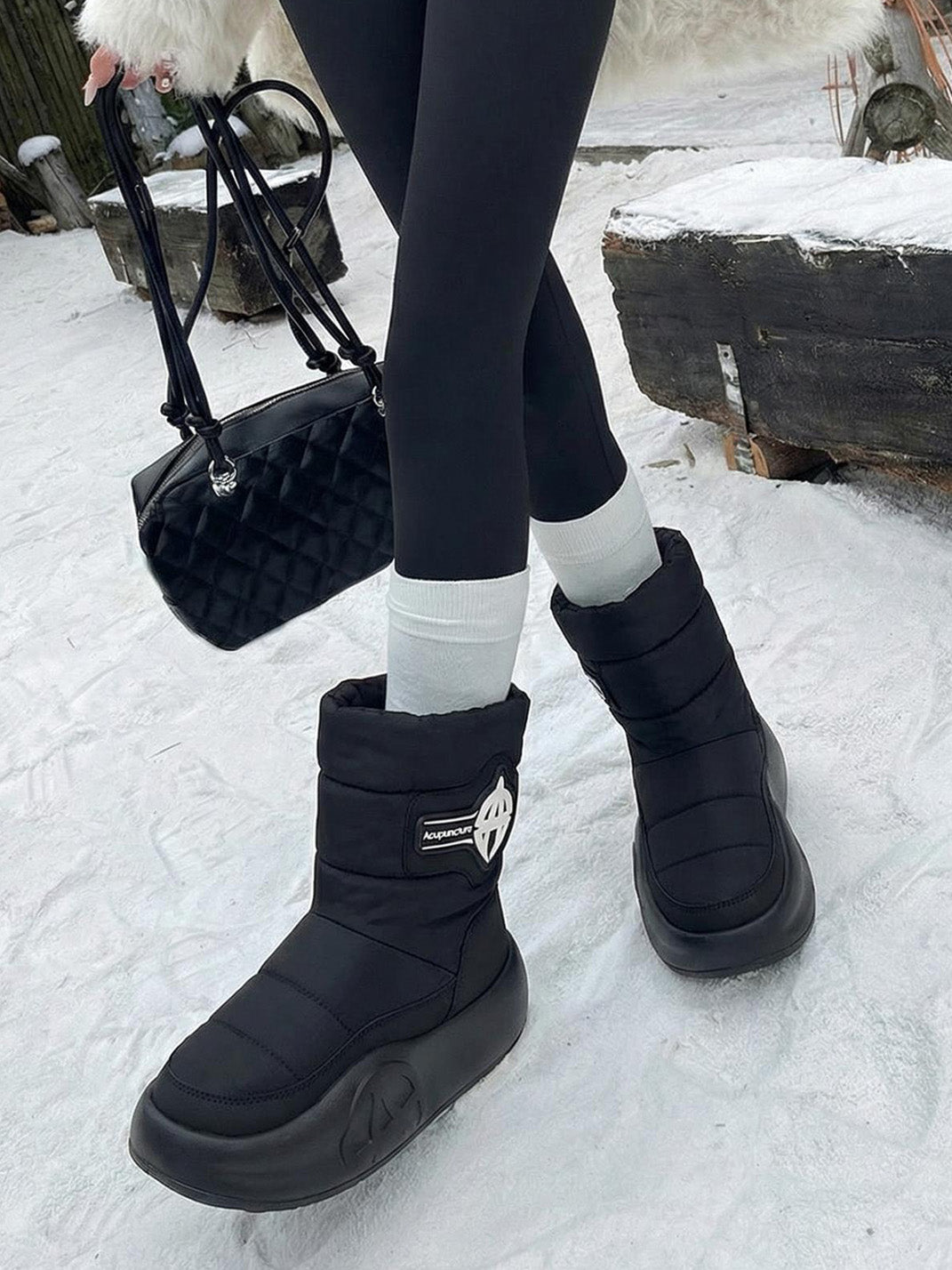 White Padded Mid-Calf Snow Boots