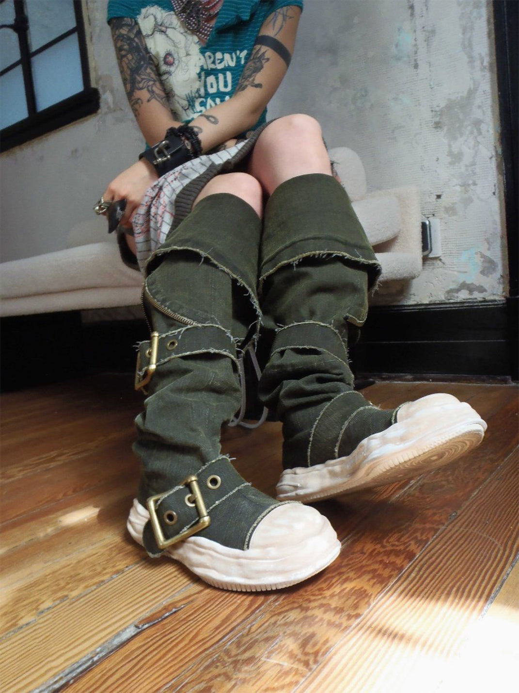 Multi-Wear Distressed Canvas Knee-High Boots