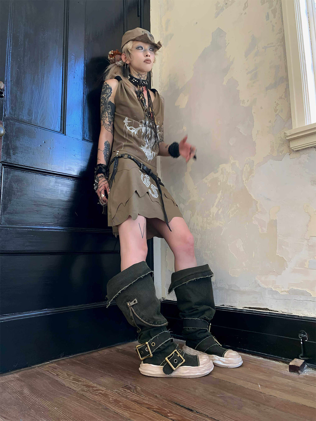 Multi-Wear Distressed Canvas Knee-High Boots