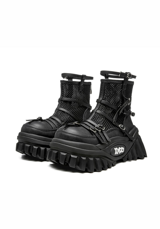 Black Mesh-Cuff Platform Combat Boots