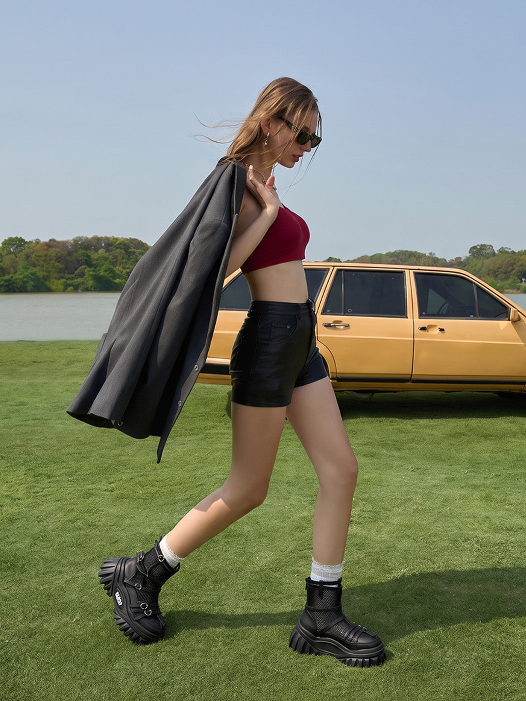 Black Mesh-Cuff Platform Combat Boots