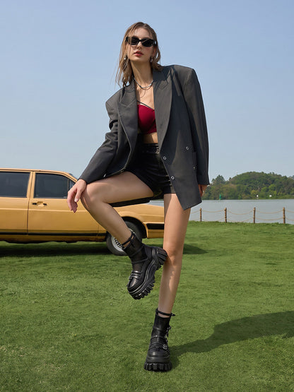 Black Mesh-Cuff Platform Combat Boots