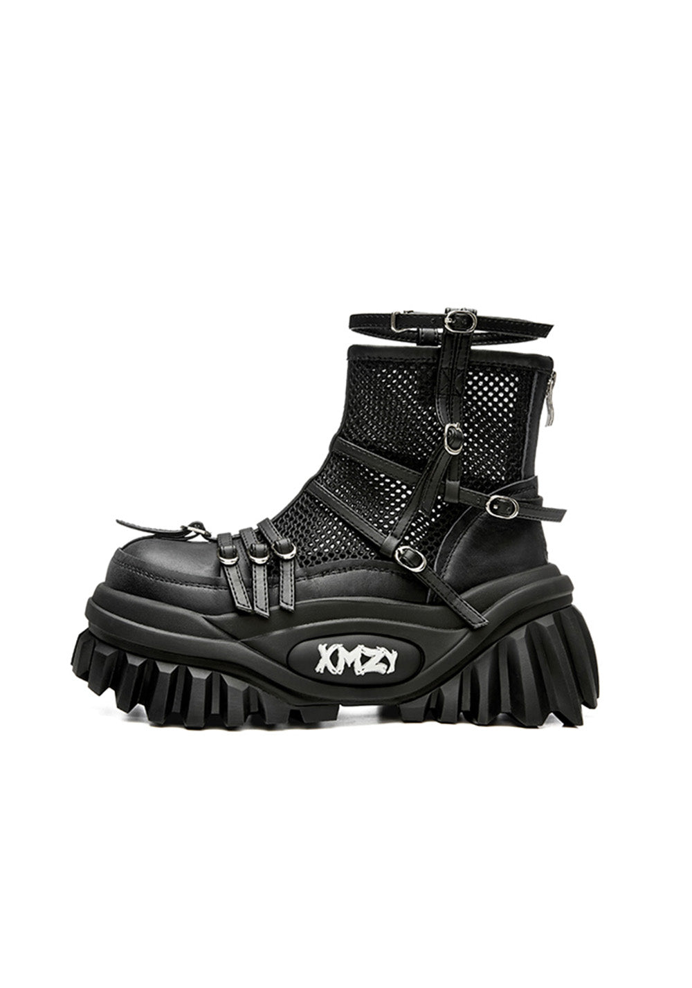Black Mesh-Cuff Platform Combat Boots