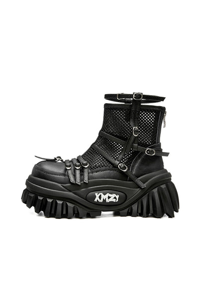 Black Mesh-Cuff Platform Combat Boots