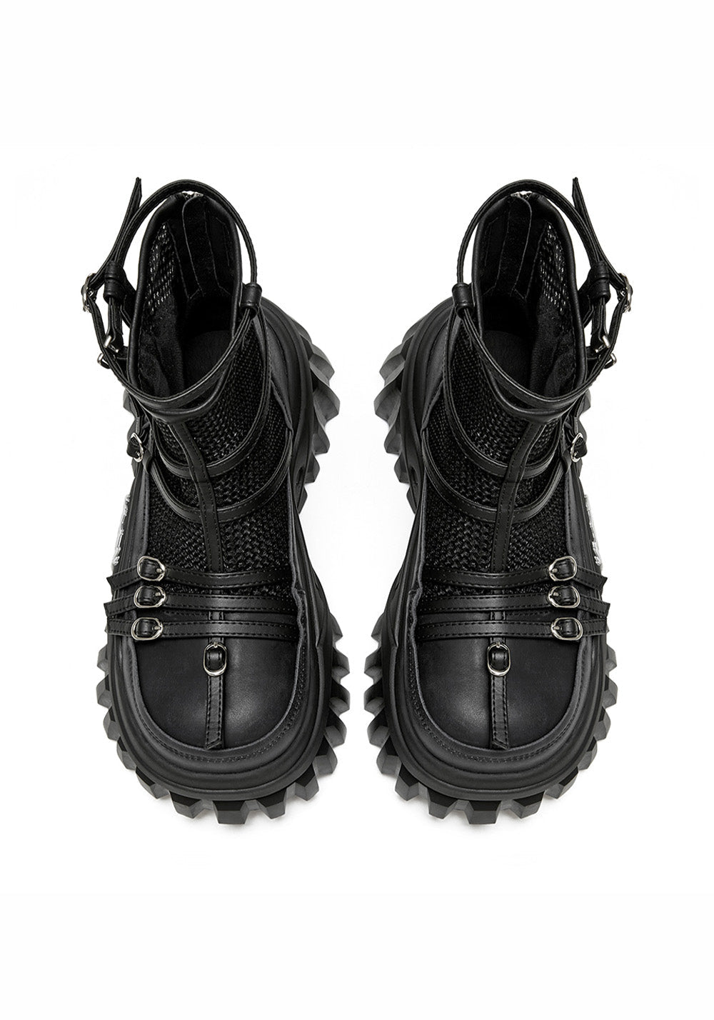 Black Mesh-Cuff Platform Combat Boots