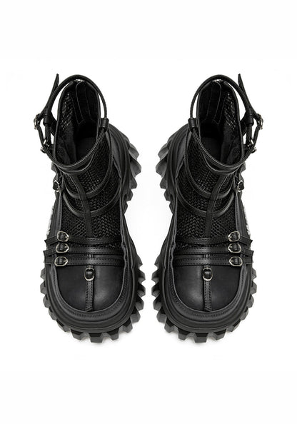 Black Mesh-Cuff Platform Combat Boots