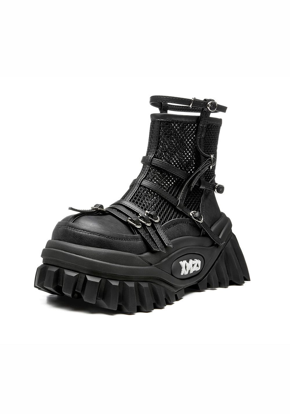 Black Mesh-Cuff Platform Combat Boots