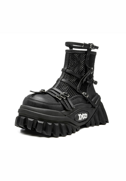 Black Mesh-Cuff Platform Combat Boots