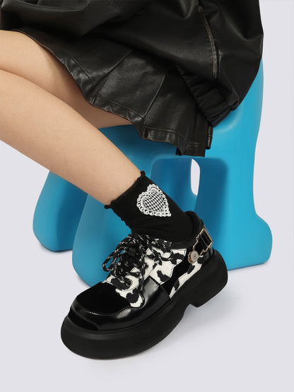 Cow-Print Buckled Platform Mary Janes