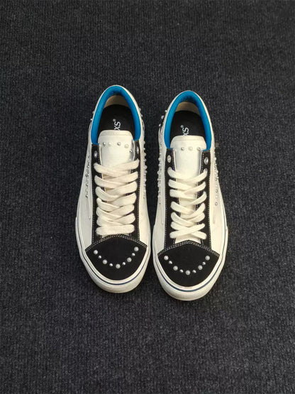 Blue-Trim Pearl-Studded Skate Sneakers