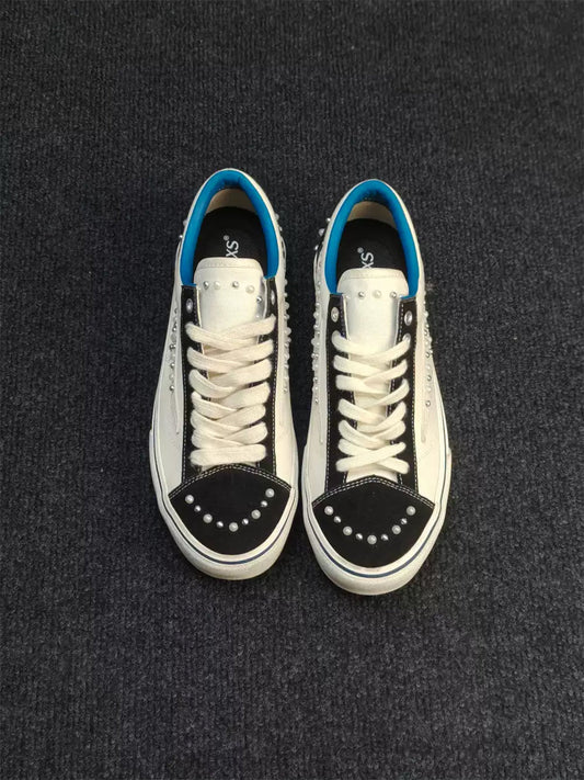 Blue-Trim Pearl-Studded Skate Sneakers