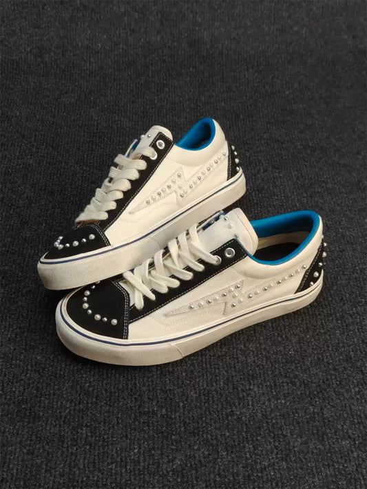 Blue-Trim Pearl-Studded Skate Sneakers