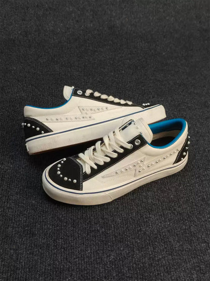 Blue-Trim Pearl-Studded Skate Sneakers