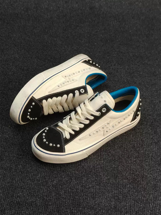 Blue-Trim Pearl-Studded Skate Sneakers