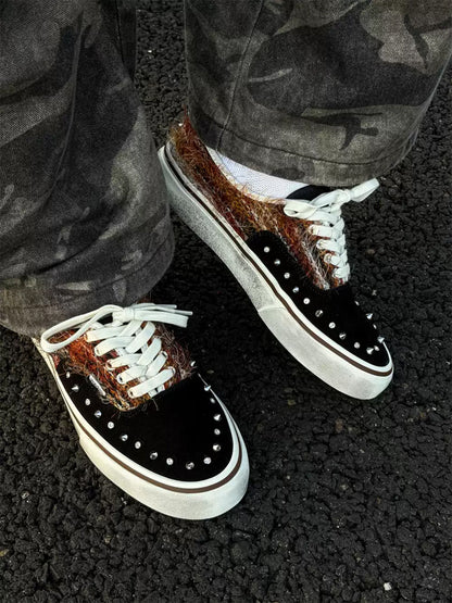 Black Mohair-Panel Studded Low-Top Sneakers