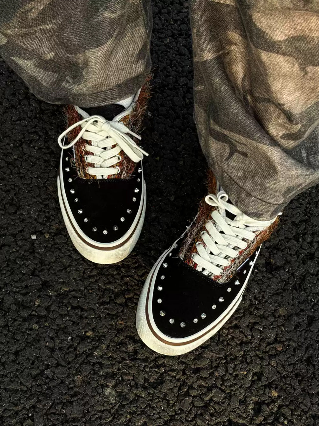 Black Mohair-Panel Studded Low-Top Sneakers