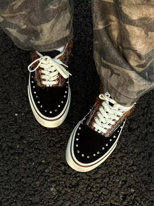 Black Mohair-Panel Studded Low-Top Sneakers