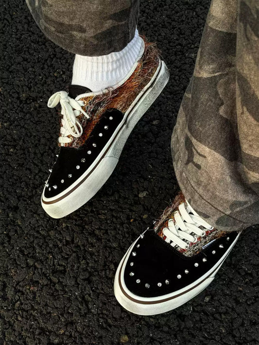 Black Mohair-Panel Studded Low-Top Sneakers