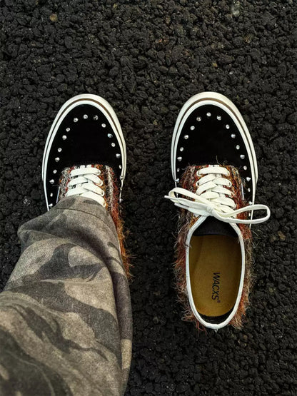 Black Mohair-Panel Studded Low-Top Sneakers