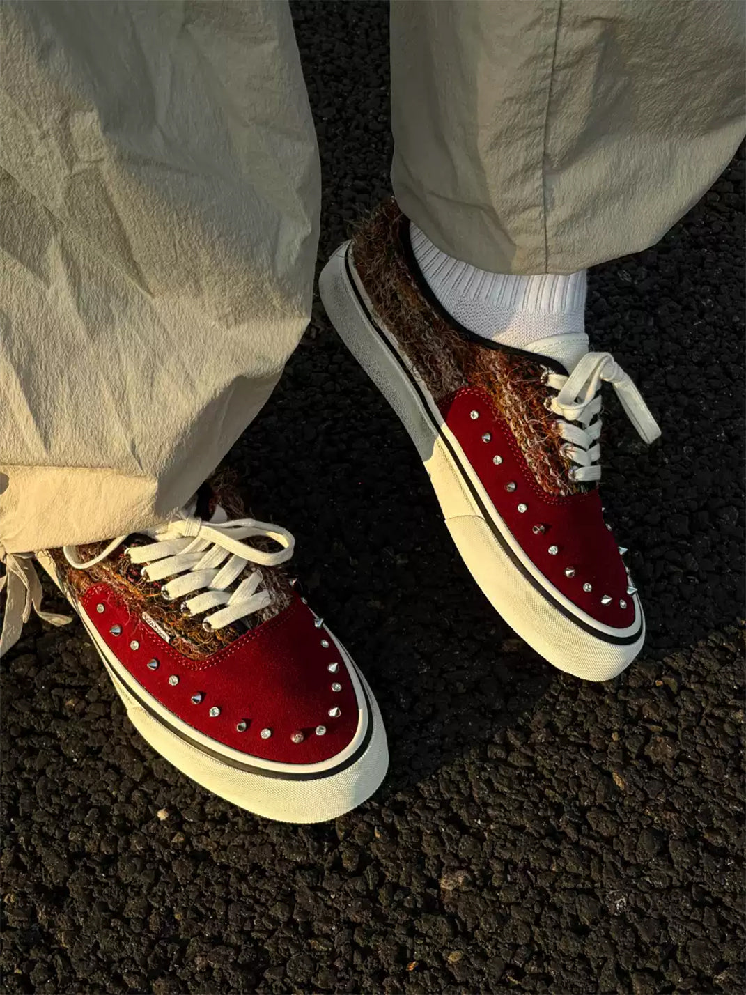 Reddish-Brown Studded Suede Low-Top Sneakers
