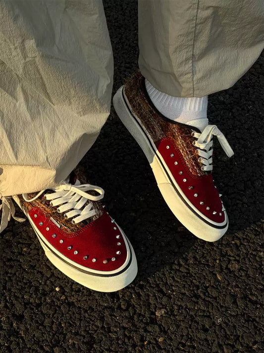 Reddish-Brown Studded Suede Low-Top Sneakers