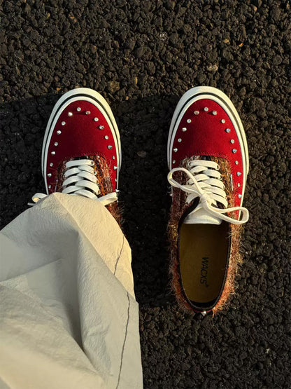 Reddish-Brown Studded Suede Low-Top Sneakers
