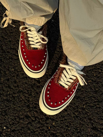 Reddish-Brown Studded Suede Low-Top Sneakers