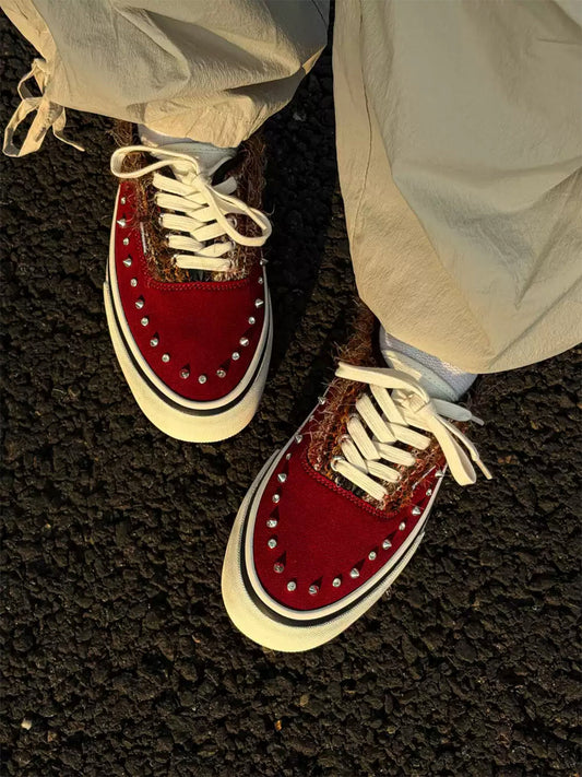 Reddish-Brown Studded Suede Low-Top Sneakers