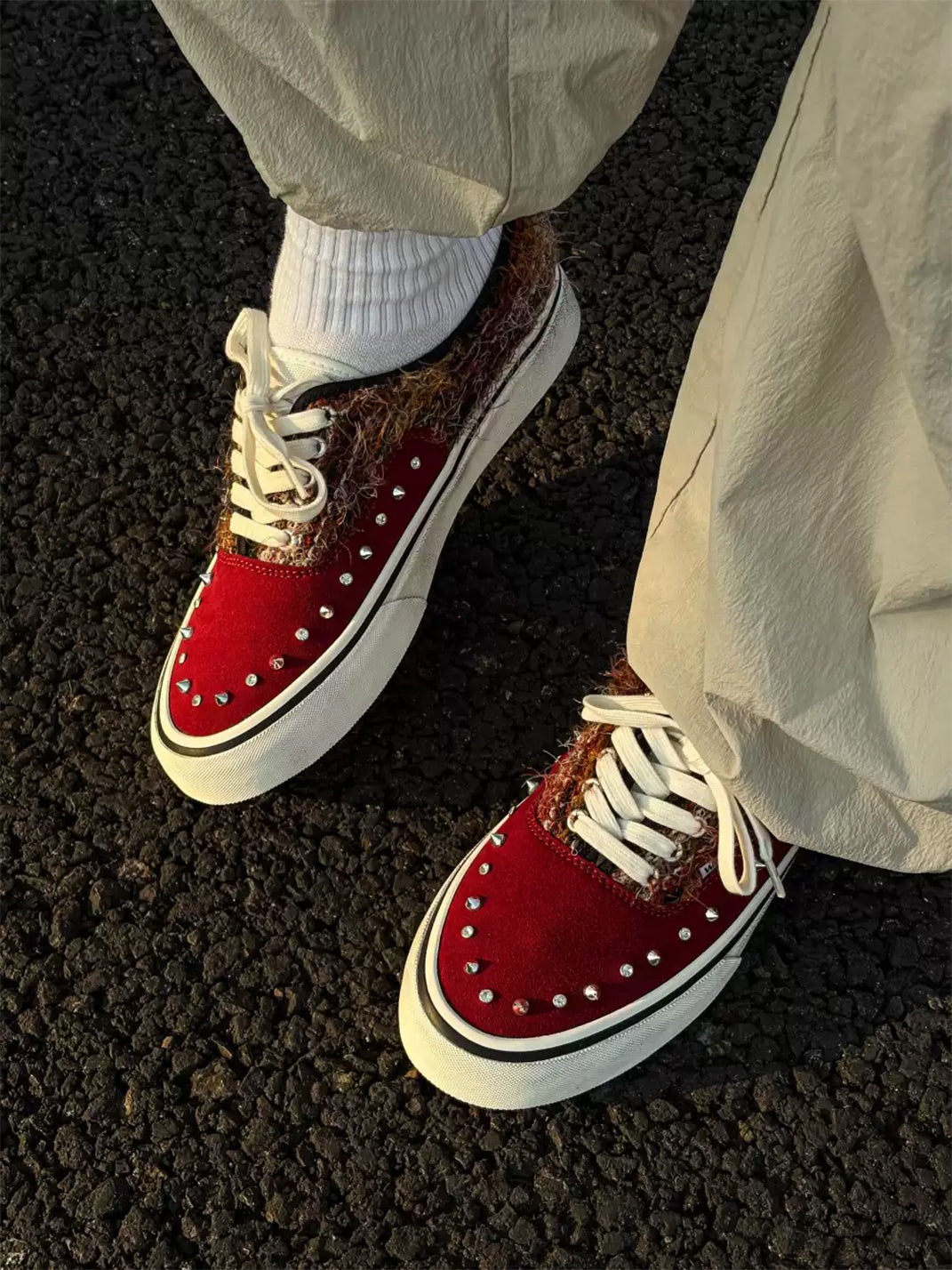 Reddish-Brown Studded Suede Low-Top Sneakers