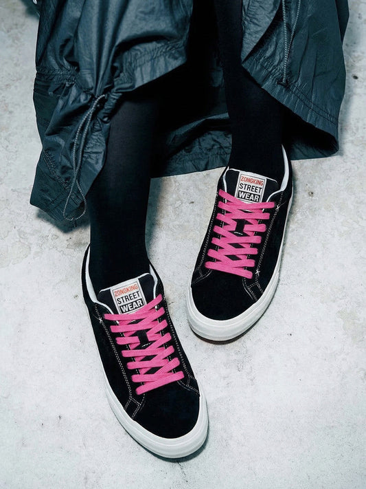 Neon-Lace Suede Platform Canvas Sneakers